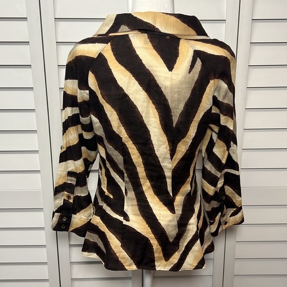 Lafayette 148 New York 100% Linen Animal Print 3/4 Roll Tab Sleeve Top Size 4 - Picture 6 of 10